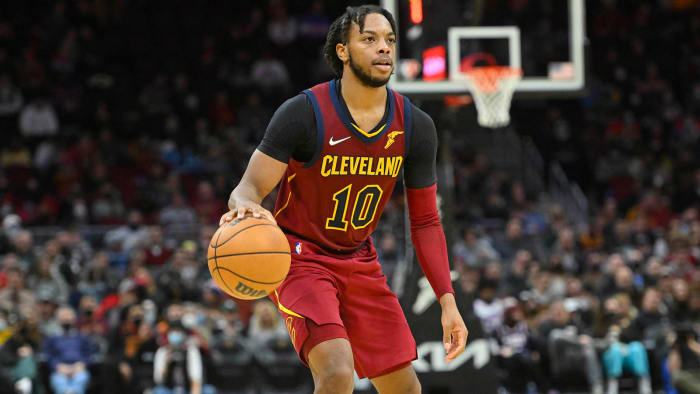 Cleveland Cavaliers forward Darius Garland (10) brings the ball up court in the third quarter against the Toronto Raptors.